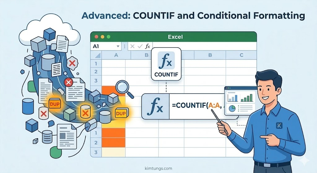 COUNTIF 함수를 사용한 엑셀 중복 데이터 제거 전 검토 화면