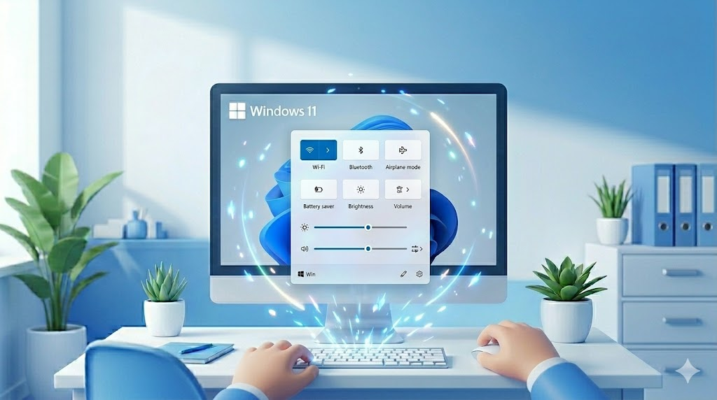 윈도우 11 단축키를 활용하여 빠른 설정 패널을 초고속으로 여는 사무실 직원