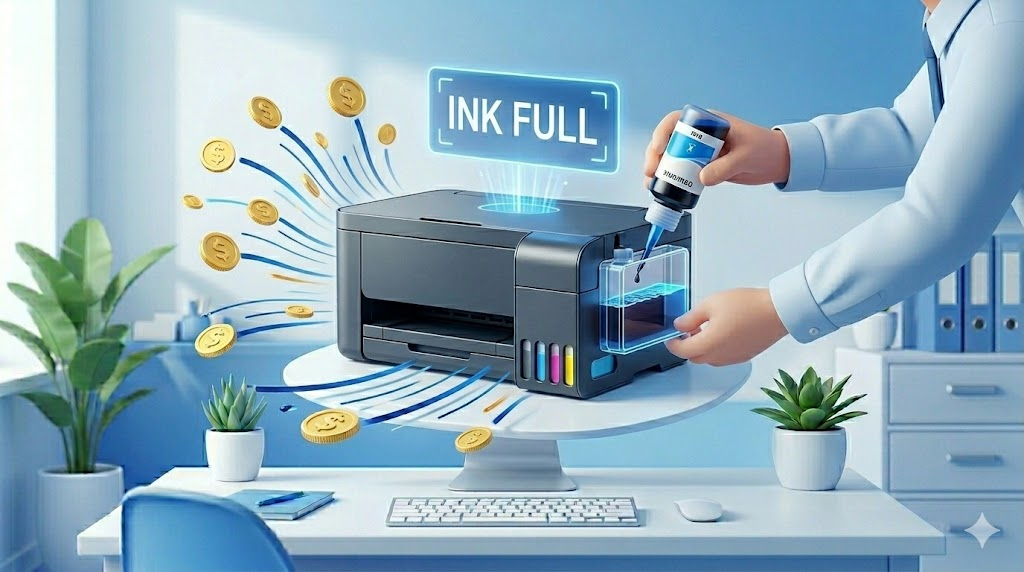 가성비 무한잉크 복합기 충전 중인 모습: 잉크 탱크에 정품 잉크를 주입하는 사무실 직원