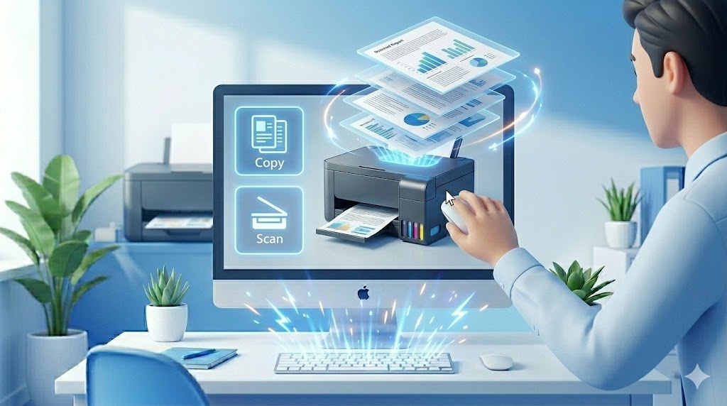 가성비 무한잉크 복합기의 복사와 스캔 기능을 활용하여 문서를 초고속으로 처리하는 사무실 직원
