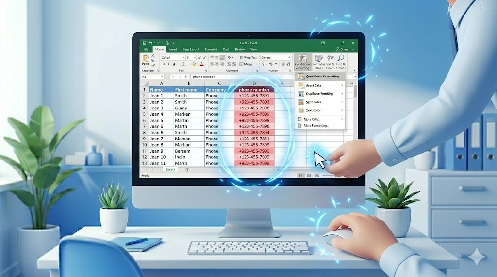 중복 데이터가 조건부 서식을 통해 시각화되어 표시되는 사무실 PC 화면