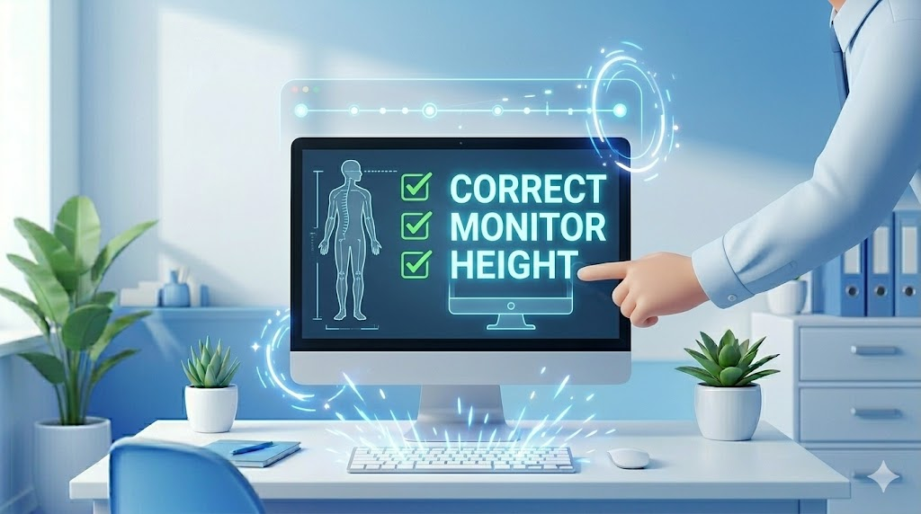 올바른 모니터 높이를 세팅하여 거북목을 예방하며 건강하게 업무를 처리하는 사무실 직원