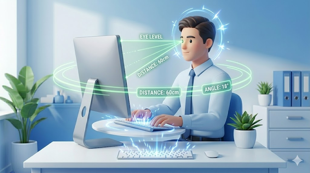 사무실 직원이 올바른 모니터 세팅(높이, 거리, 각도)을 통해 거북목 예방에 힘쓰는 모습