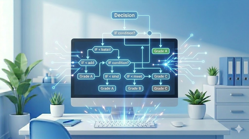 사무실 직원이 다중 IF 조건문을 활용하여 데이터를 다양한 등급으로 초고속 분류하는 모습