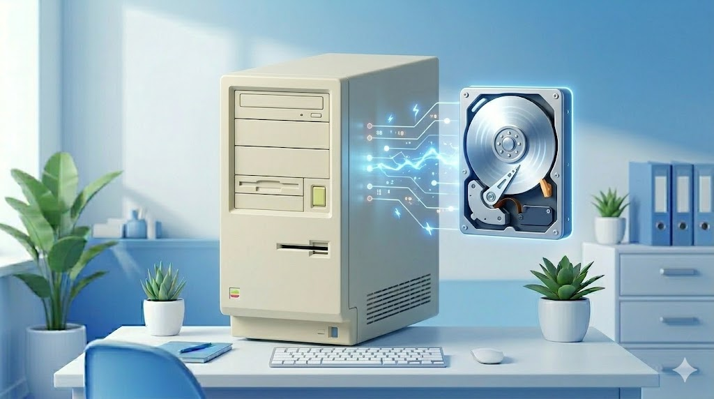 가상 메모리 설정을 통해 느릿느릿한 구형 PC의 속도가 획기적으로 빨라지는 모습을 시각화한 3D 일러스트