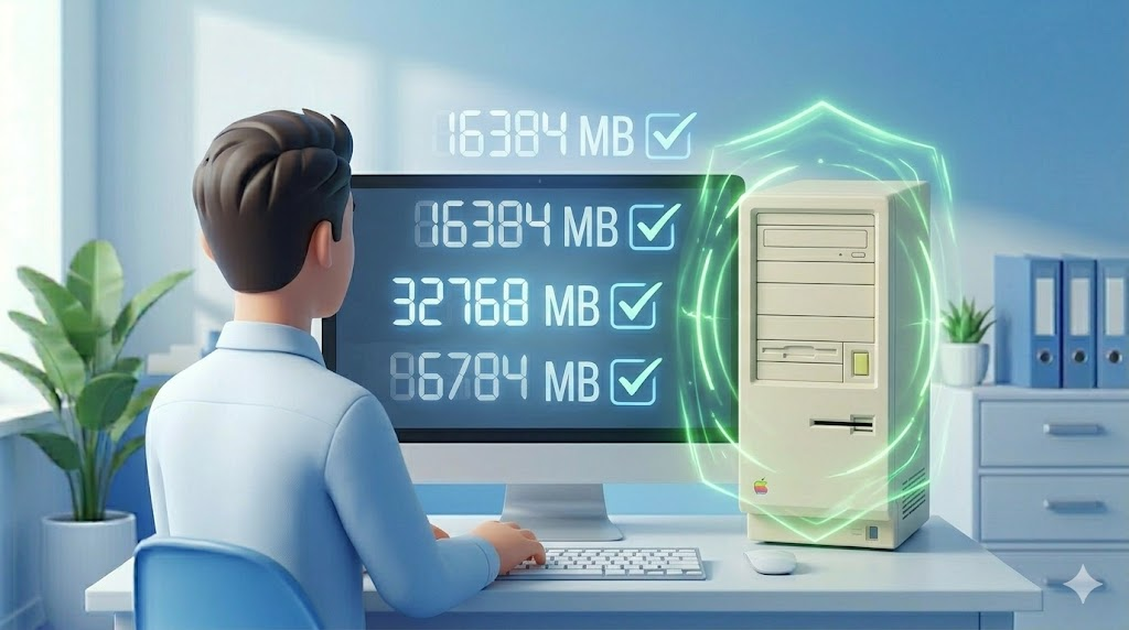 사무실 직원이 가상 메모리 설정을 최적화하여 구형 PC 성능을 극대화하는 모습