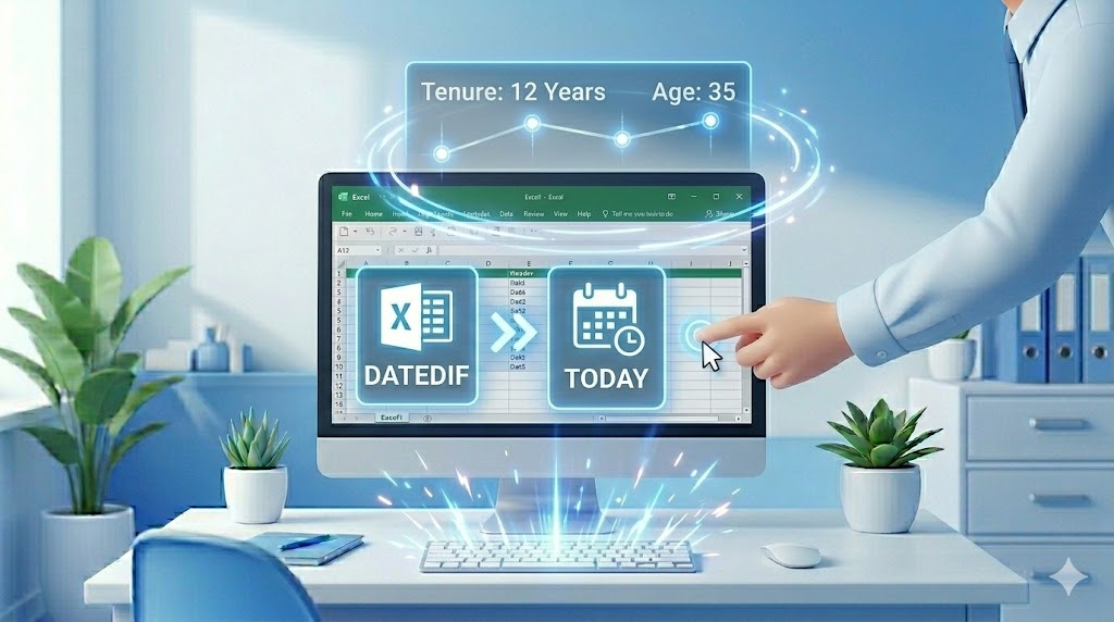엑셀 날짜 계산 함수를 활용하여 근속 연수와 만 나이를 초고속으로 계산하고 자동화하는 사무실 직원