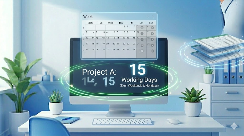 사무실 직원이 네트워크데이스 함수를 활용하여 주말과 공휴일을 제외한 평일 수를 초고속으로 계산하는 모습