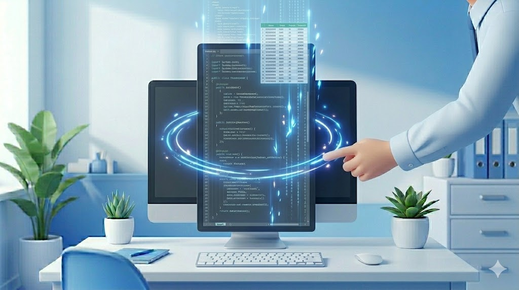 피벗 모니터 설정을 통해 가로 모니터를 세로 모드로 돌려 멀티태스킹 효율을 극대화하는 사무실 직원