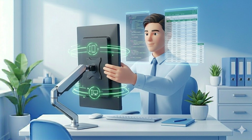 사무실 직원이 피벗 지원 스탠드를 확인하며 모니터를 세로로 돌려 활용하는 모습