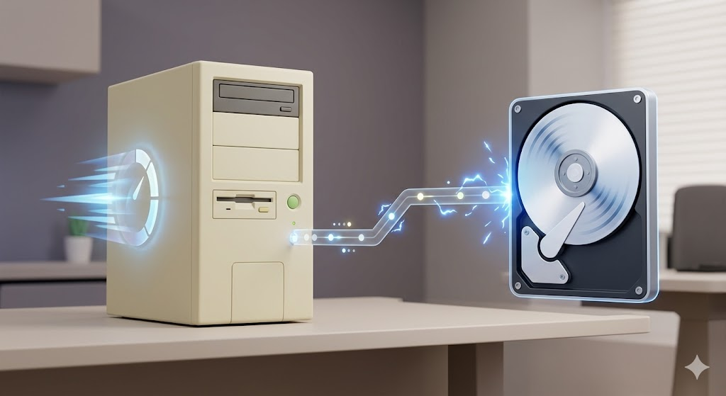 구글 드라이브 파일 공유 을 통해 느릿느릿한 구형 PC의 속도가 획기적으로 빨라지는 모습을 시각화한 3D 일러스트