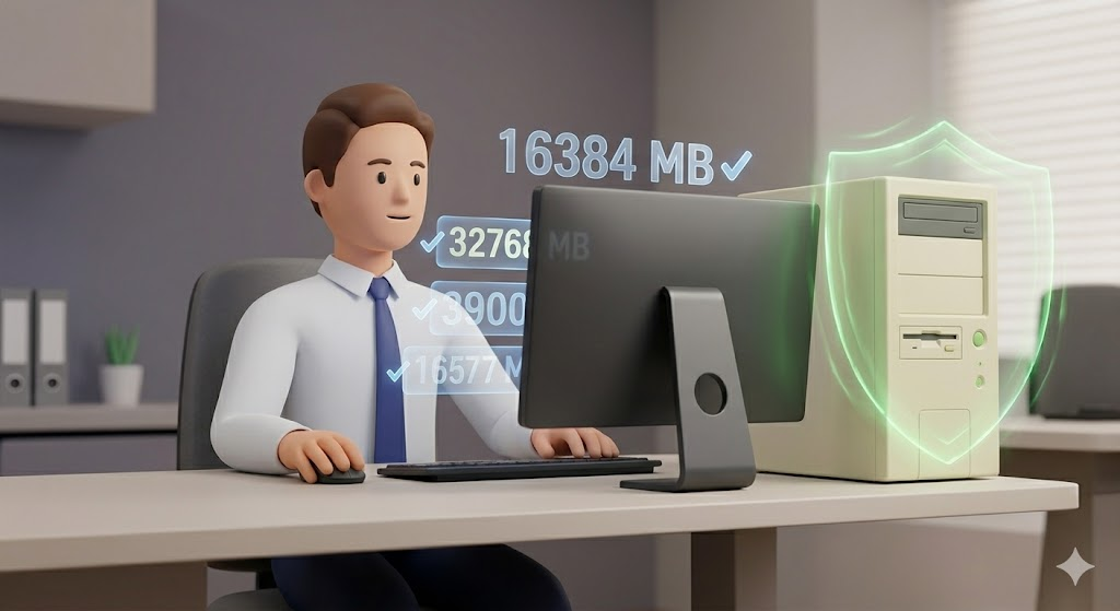 사무실 직원이 가상 메모리 설정을 최적화하여 구형 PC 성능을 극대화하는 모습
