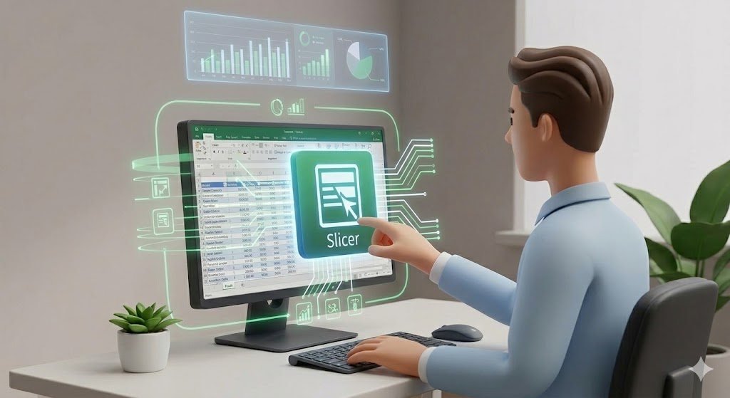 사무실 직원이 슬라이서를 활용하여 피벗 테이블 데이터를 다양한 기준으로 초고속 필터링하는 모습