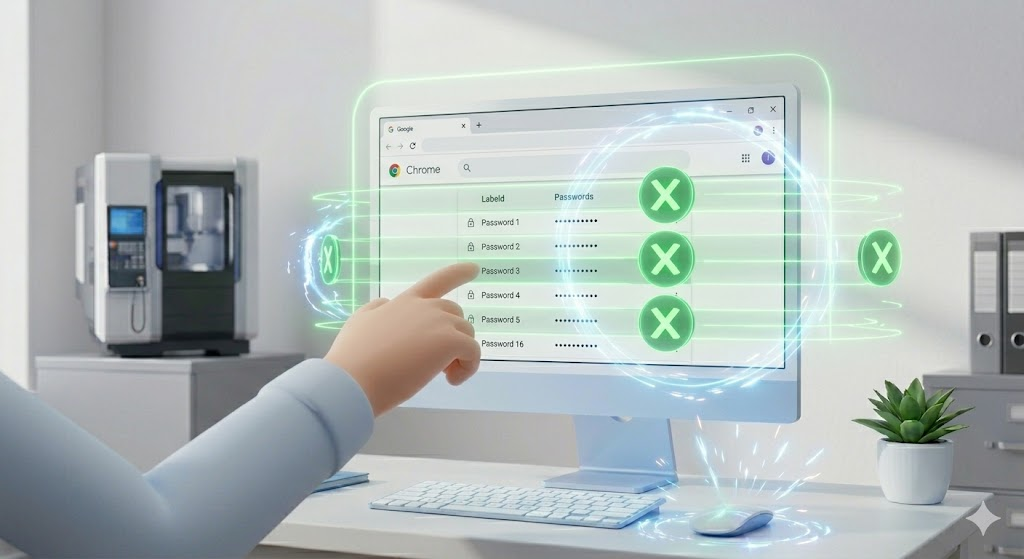 사무실 직원이 크롬 브라우저 내 비밀번호 유출 여부를 단계별 가이드를 따라 확인하는 모습 묘사