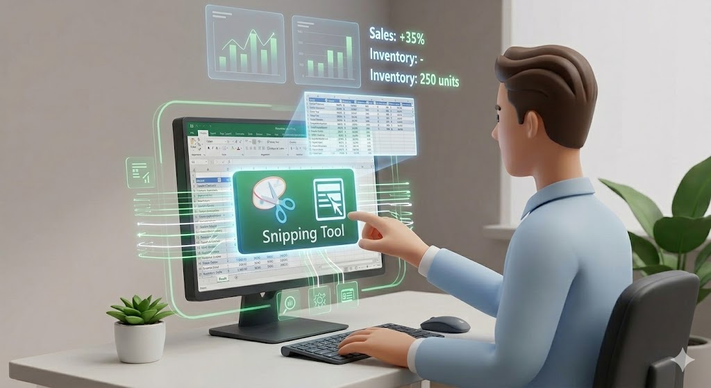 사무실 직원이 윈도우 11 내장 캡처 도구를 활용하여 정교하게 화면을 캡처하고 편집하는 모습