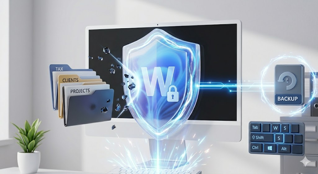 윈도우 11 랜섬웨어 방지 설정을 통해 방패 아이콘이 내 컴퓨터와 폴더를 보호하는 모습을 시각화한 3D 일러스트