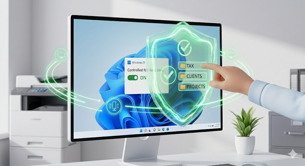 사무실 직원이 윈도우 11 자체 보안 기능인 제어된 폴더 액세스를 설정하여 데이터 보호를 강화하는 모습