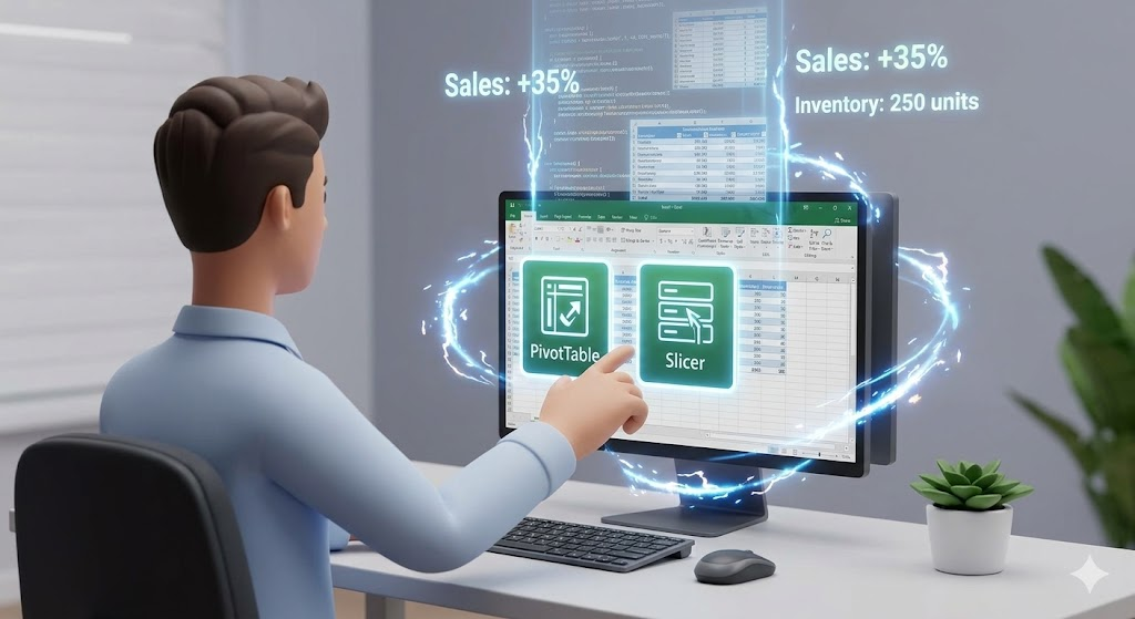 엑셀 피벗 테이블 함수를 활용하여 방대한 데이터를 초고속으로 요약하고 통계를 내는 사무실 직원