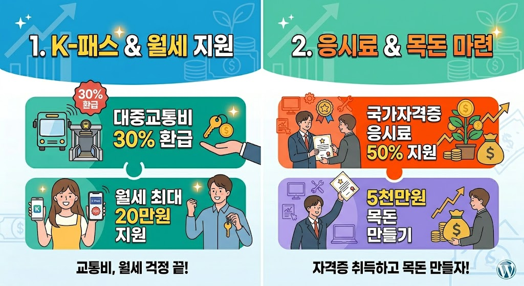 2026년 K-패스 30% 환급 및 청년월세 특별지원 혜택 비교 청년정책일러스트